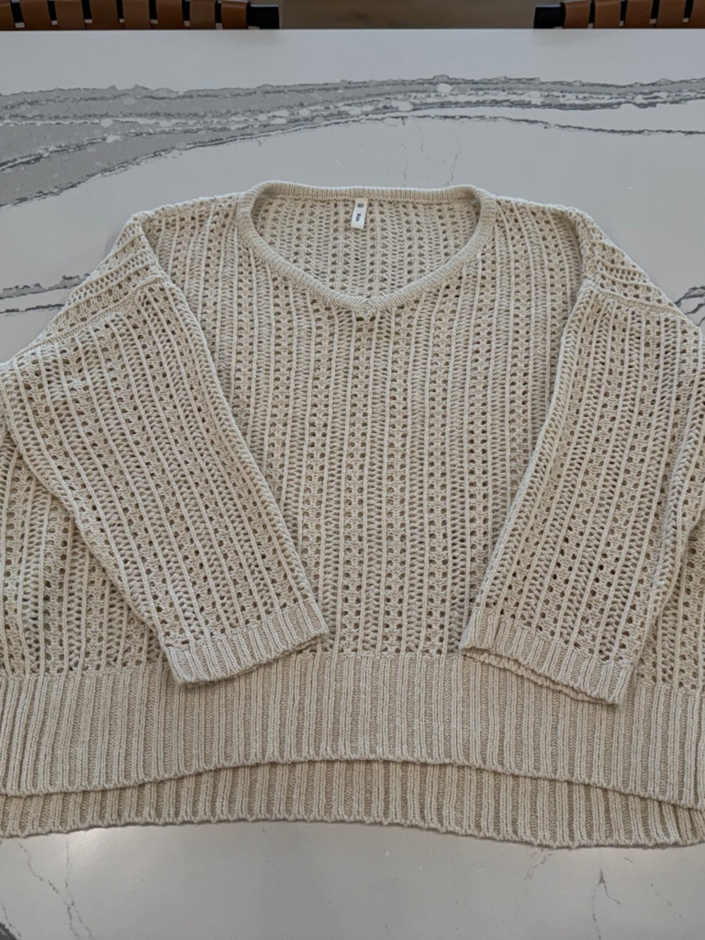 Oversized V-Neck Crochet open Weave Sweater M/L - Cream